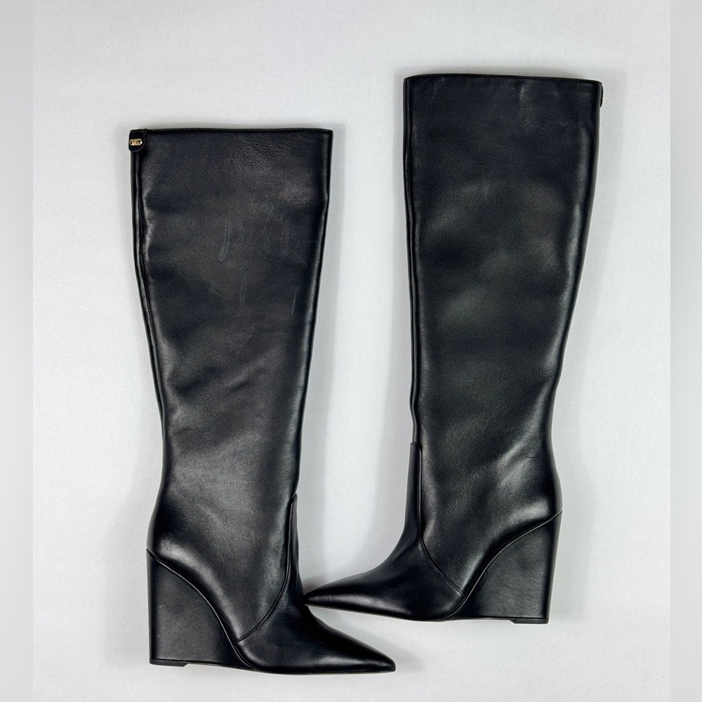 Michael Kors Black Leather Knee-High Wedge Boots